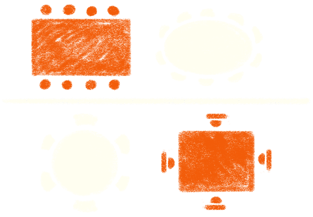 Four different table settings with various arrangements of plates and chairs, two with rectangular tables and two with round tables.