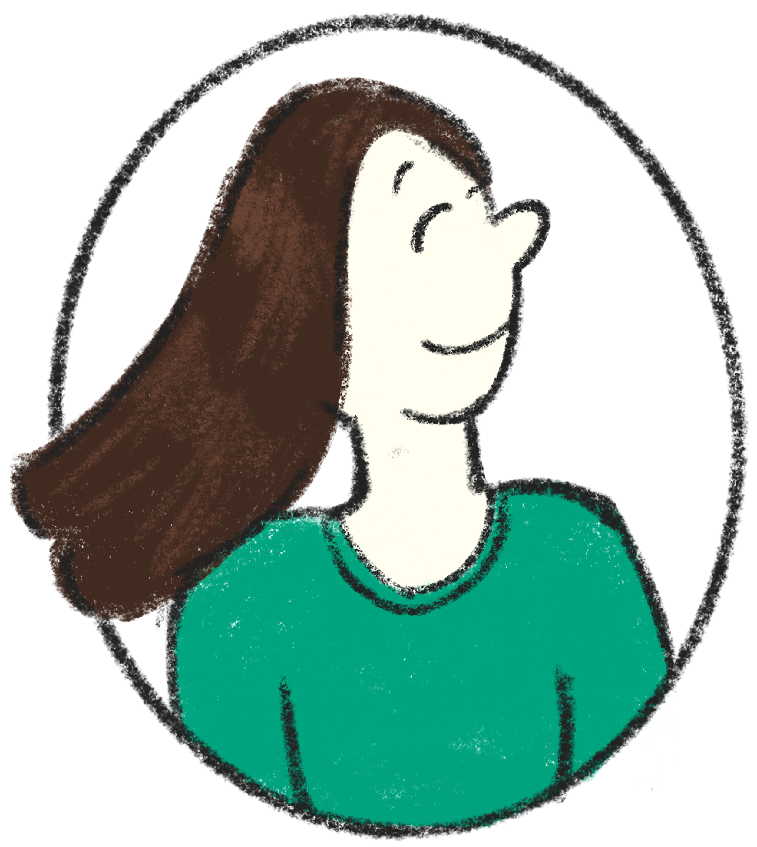 A cartoon illustration of a close-up of a smiling girl with long brown hair, wearing a green shirt, making a fist with her right hand. The background is black and white.
