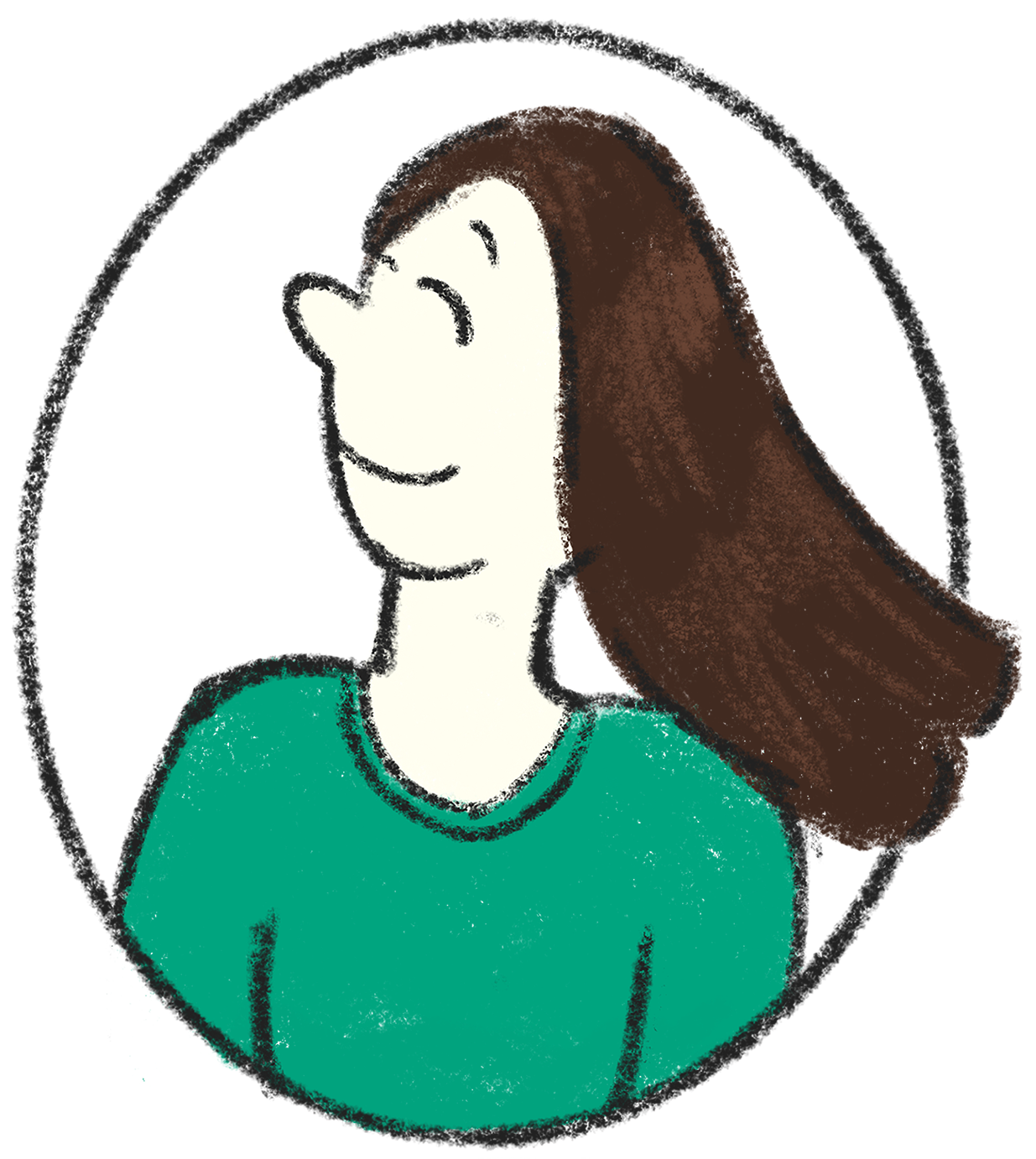 Cartoon drawing of a smiling woman with long brown hair wearing a green shirt, gray background.