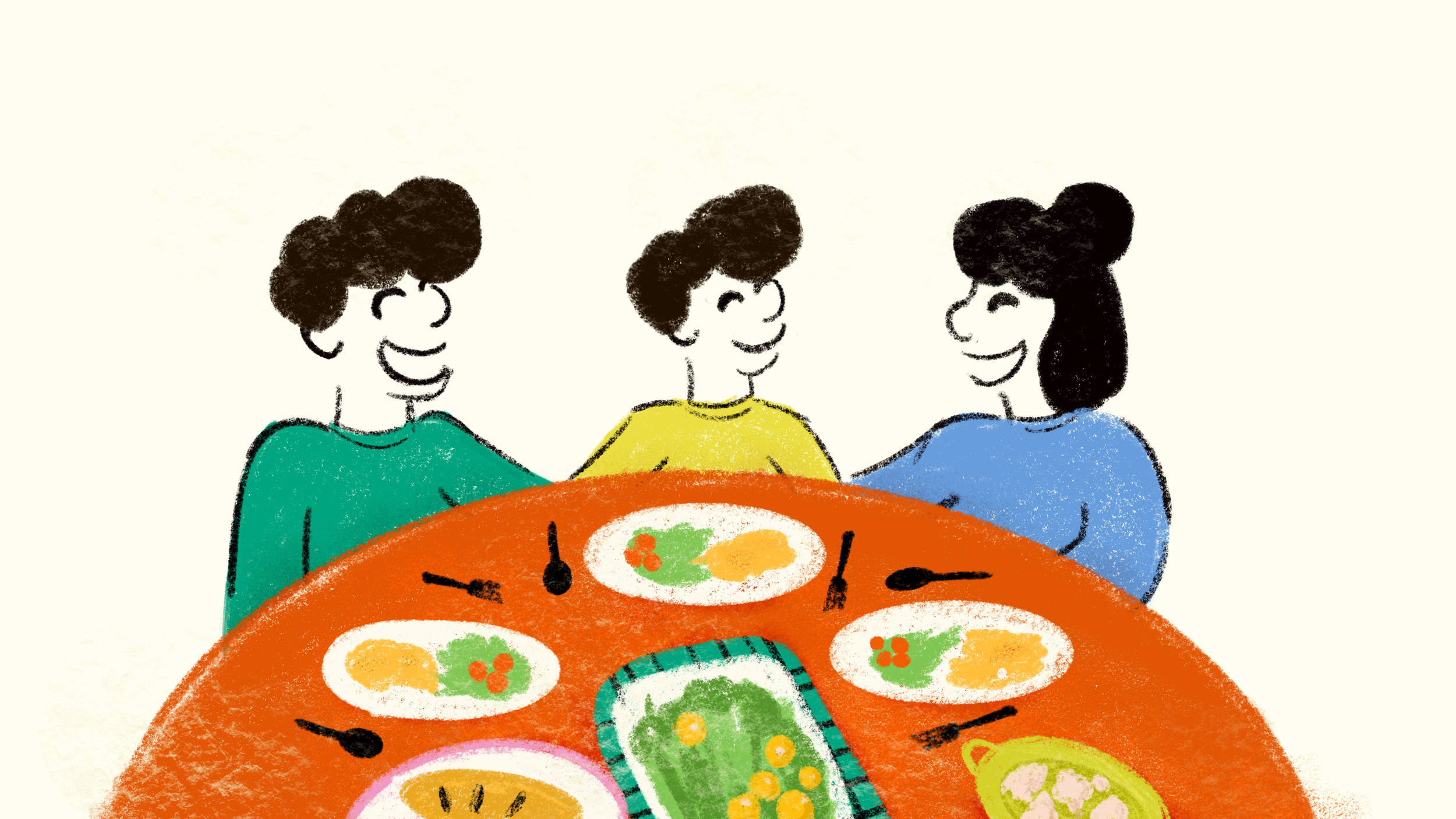 Three children sitting at a round table with plates of food, smiling and chatting.