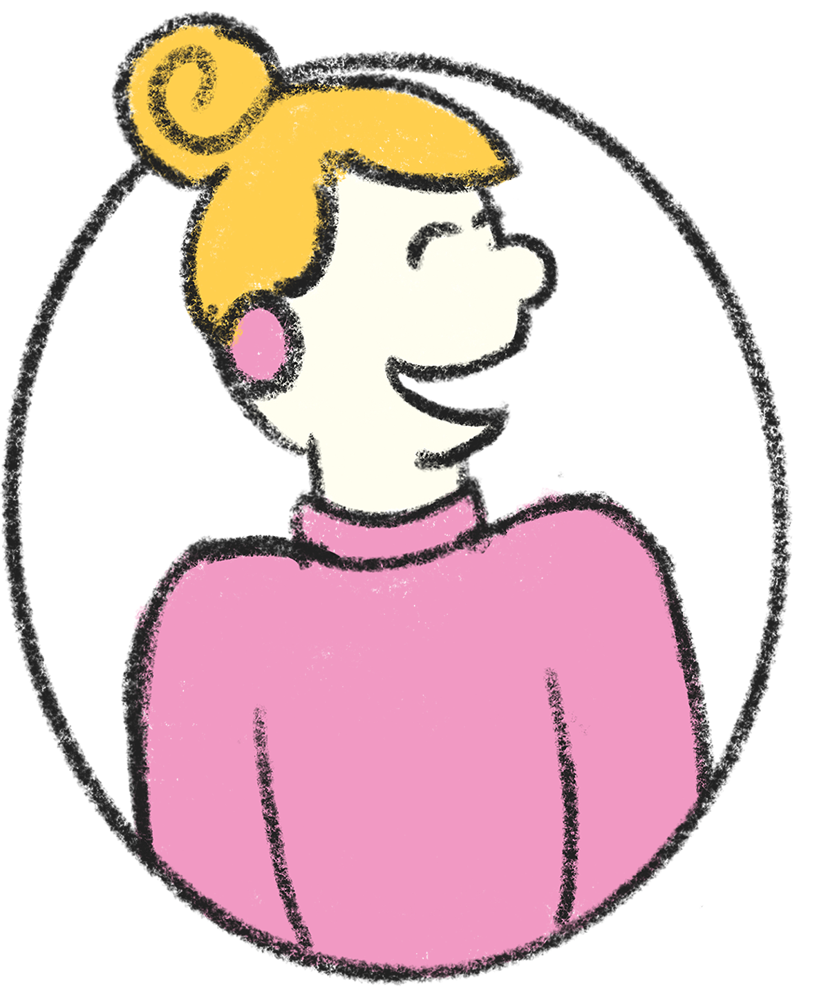 Cartoon drawing of a woman with blonde hair, pink earrings, and wearing a pink sweater, singing or speaking.