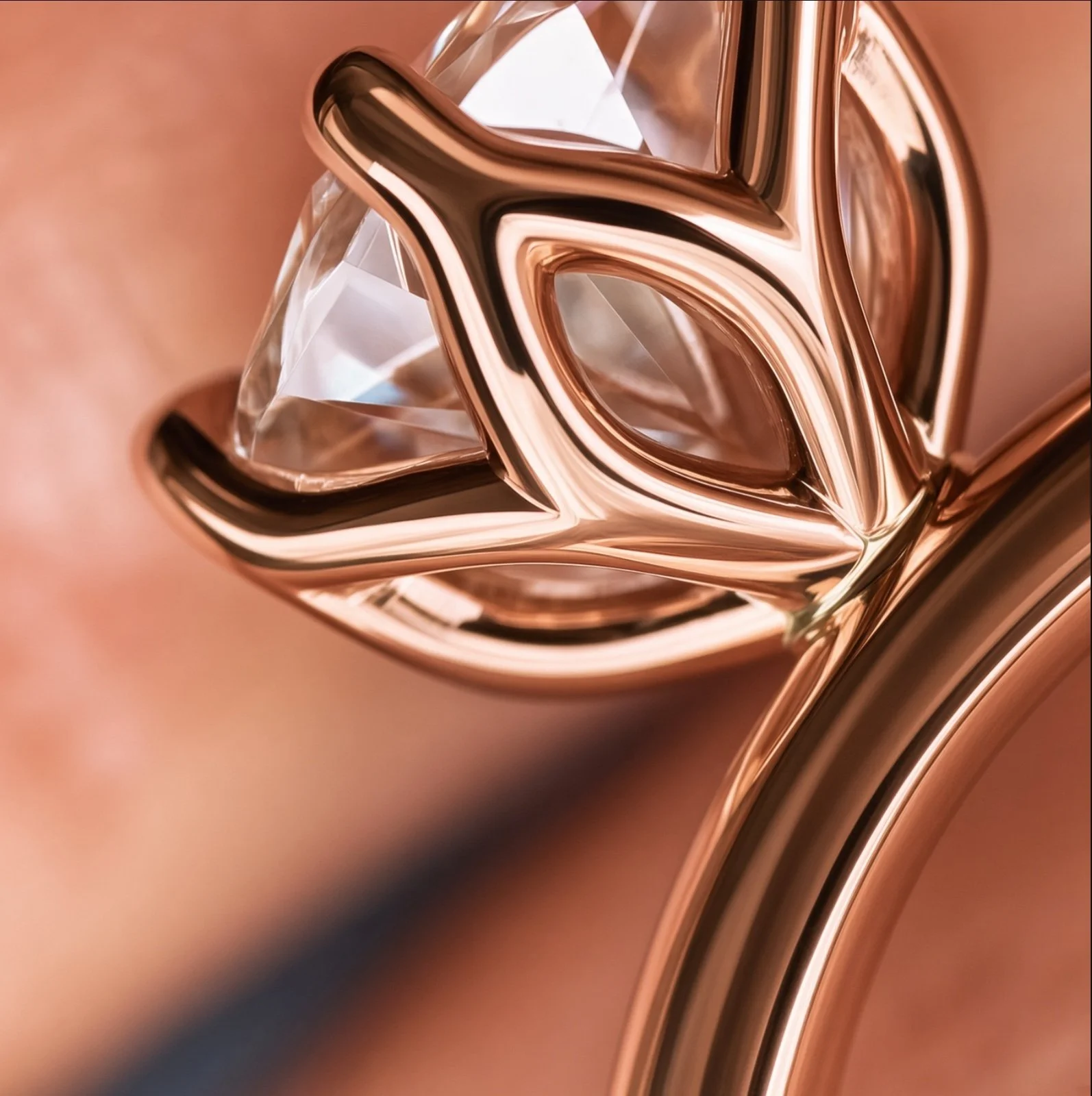 14 rose gold petal floral six prong round diamond plain rounded band engagement ring side close up view.