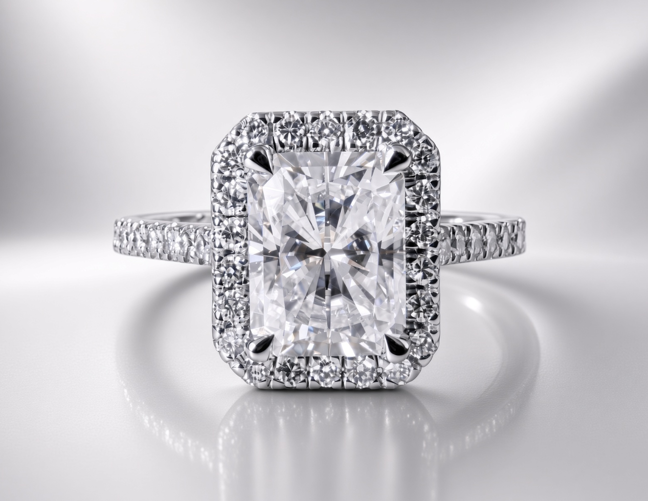 14k White gold radiant halo engagement ring with a pavé halo and flat pavé band, face-up.