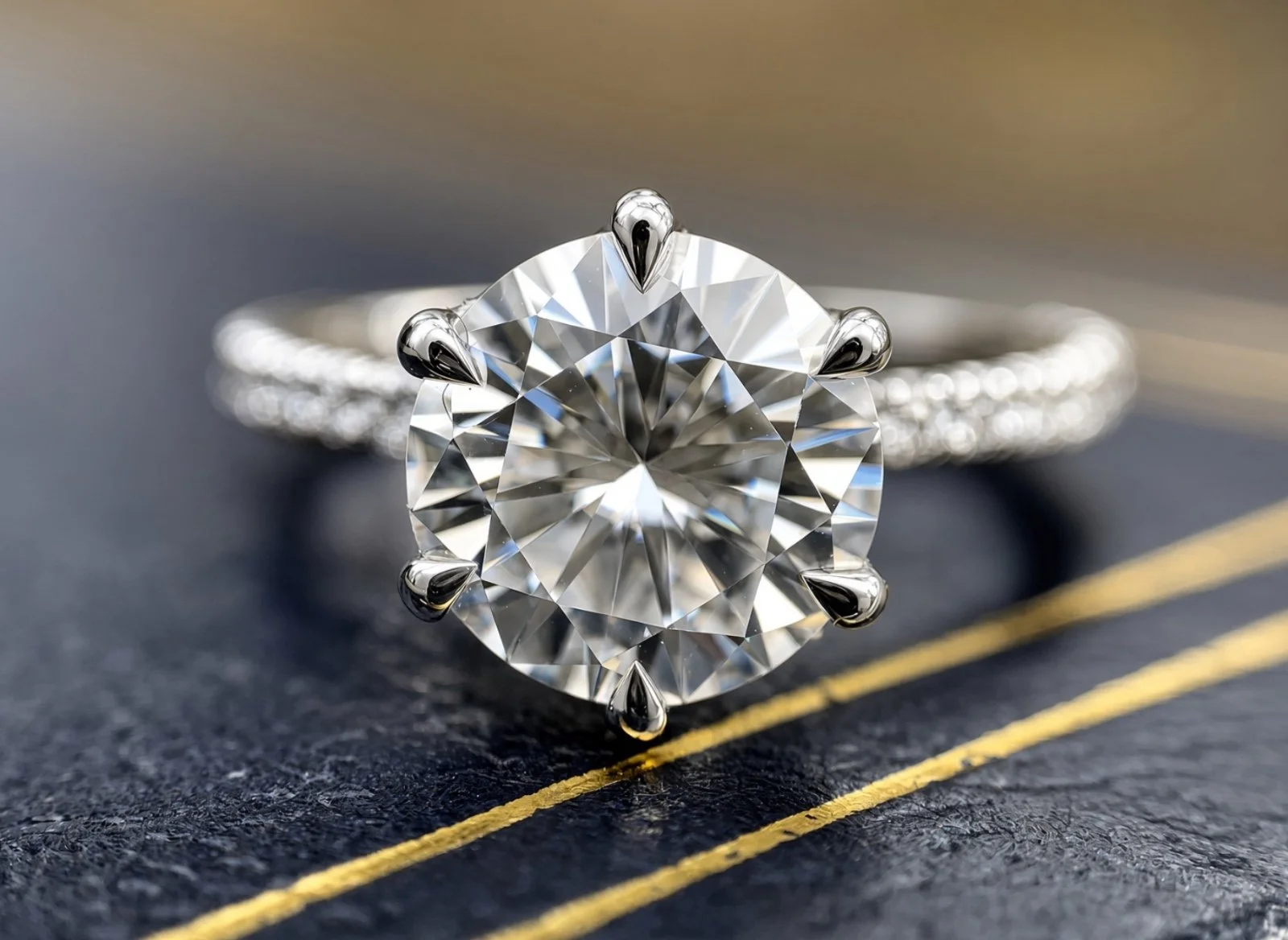14k white-gold engagement ring with a round brilliant diamond and pavé band