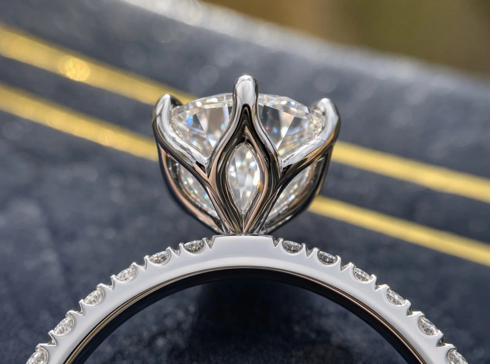 4k white-gold petal-set engagement ring with a pavé diamond band, front view