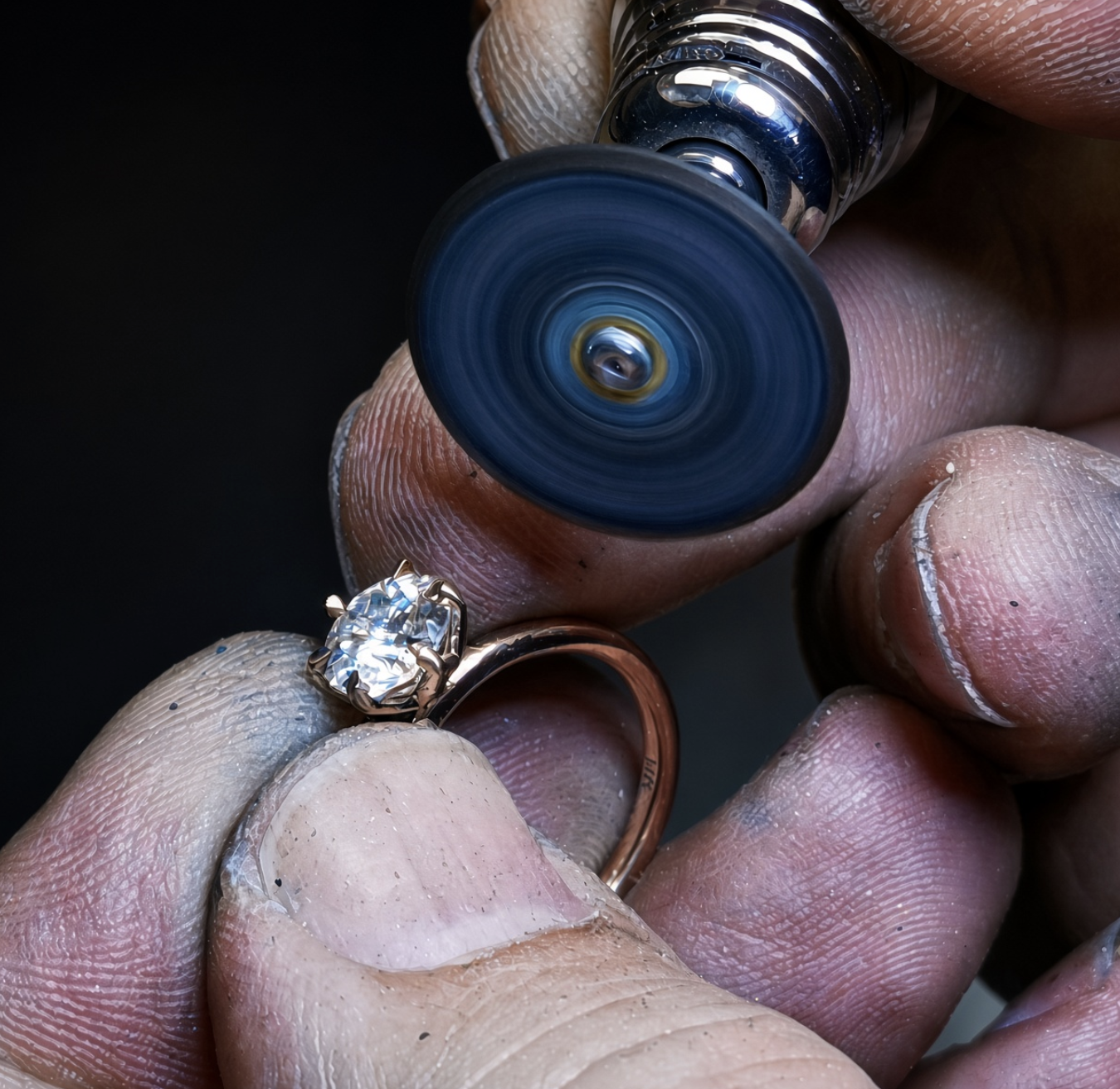 14 rose gold round diamond six prong petal floral engagement ring being set by master jeweler close up. 
