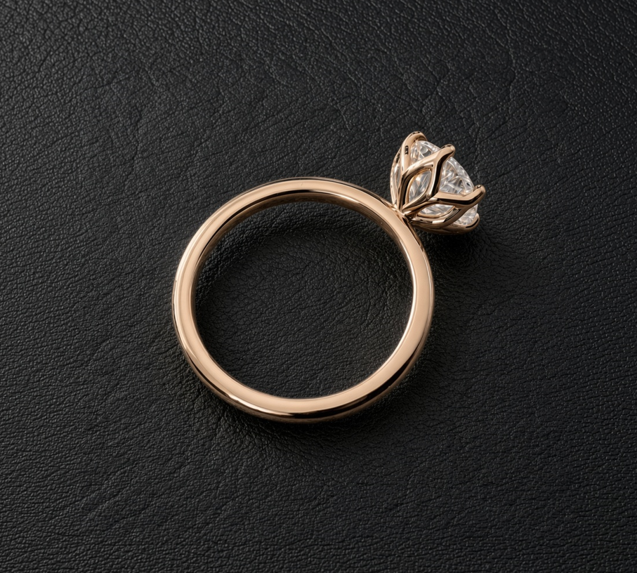 14k rose gold round laboratory diamond siz prong petal floral engagement ring with plain rounded band top view.