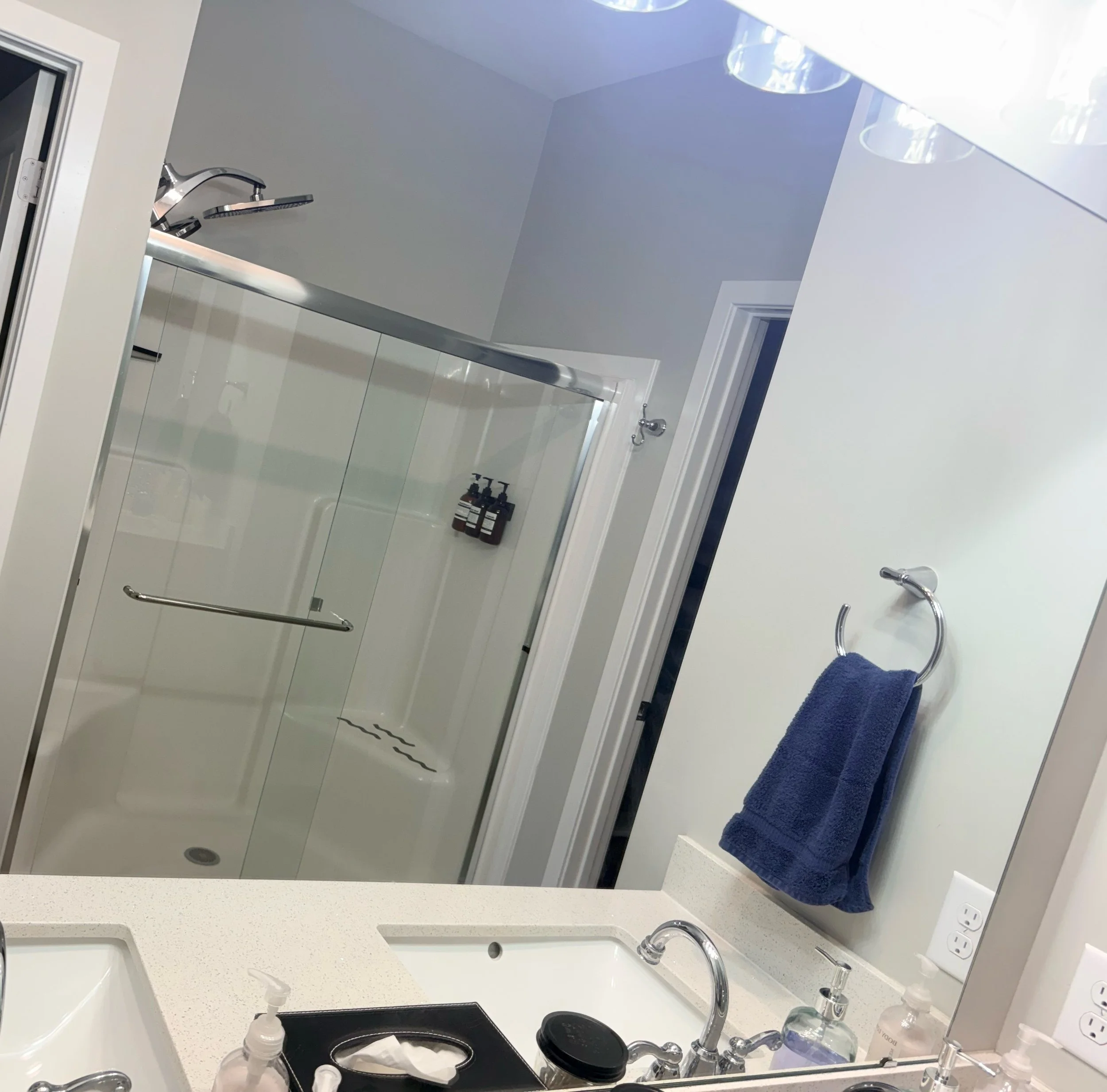 Freshly cleaned bathroom shower and vanity in a Pendleton, IN home