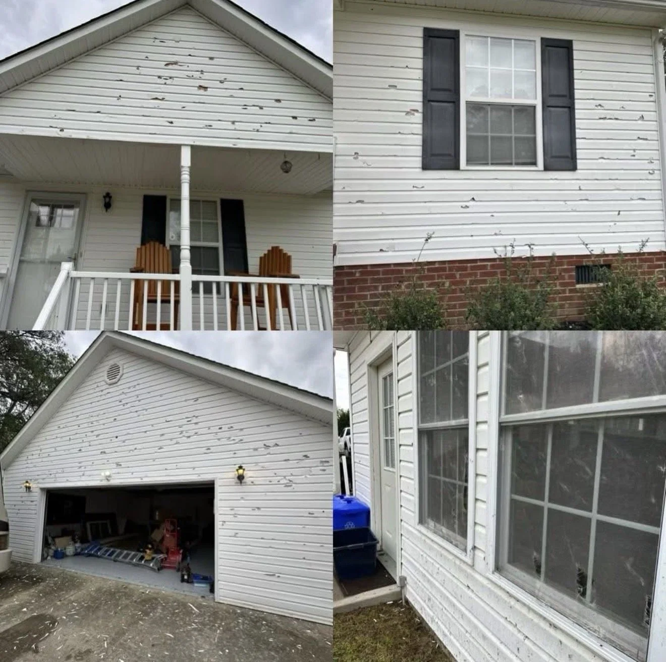 A collage of four photos showing a white house with black shutters and a garage, all with paint peeling off the exterior walls.