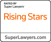 Text-based logo for Rising Stars with a black background, orange and white text, and a website URL superlawyers.com