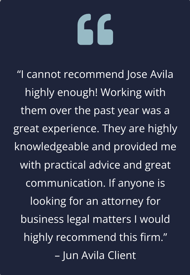 Quote about positive experience working with Jose Avila, praising his knowledge, practical advice, communication, and recommending his legal services.