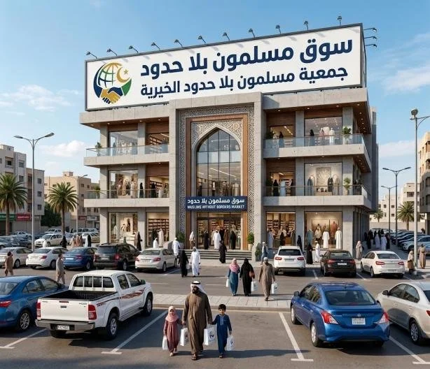 A multi-story mosque and market building titled "Muslims Without Borders Market" with a large sign in Arabic and English, surrounded by cars and people in traditional Middle Eastern attire in a parking lot.