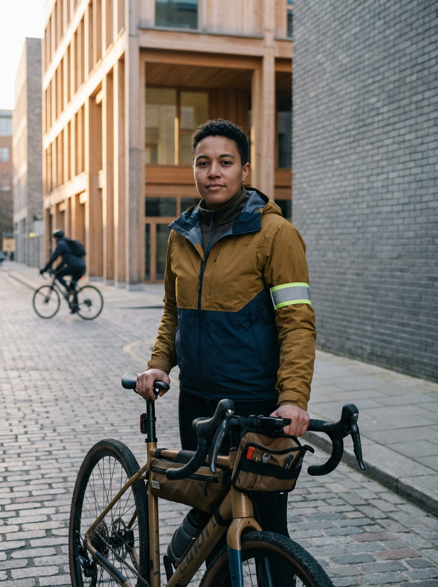 A person standing on a cobblestone street holding a bicycle, with another cyclist riding in the background near modern wooden and brick buildings.