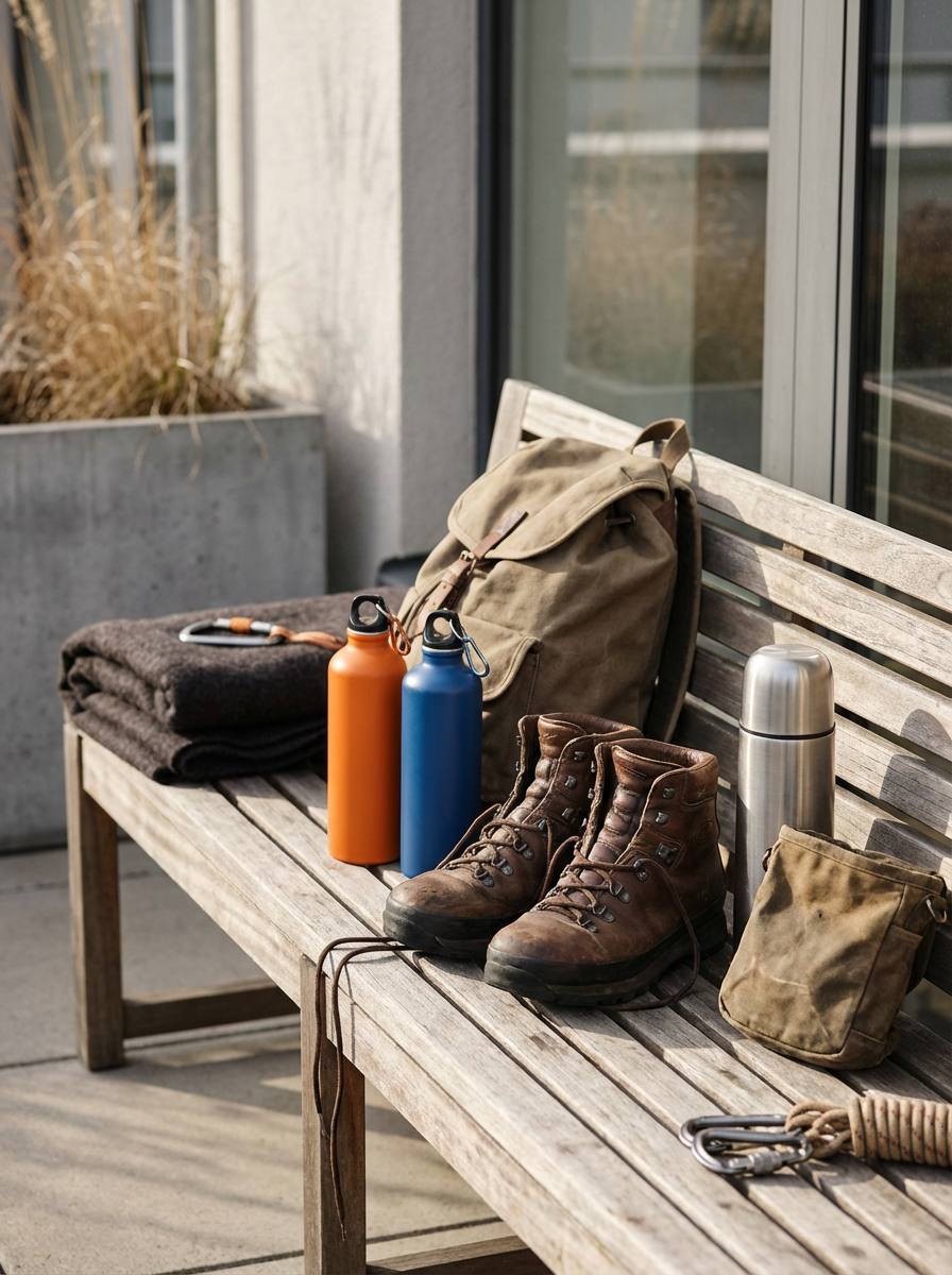 Outdoor wooden bench with hiking gear including brown boots, two water bottles (orange and blue), stainless steel thermos, backpack, folded clothing, and climbing gear.