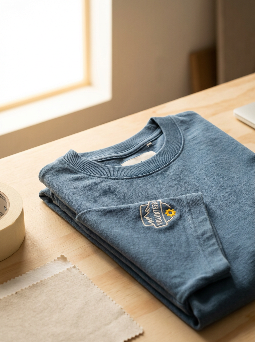 A folded blue sweatshirt with an embroidered patch that says 'Mountain' and shows a mountain with a yellow gear, lying on a light wooden table next to a roll of masking tape and a fabric swatch, near a window.