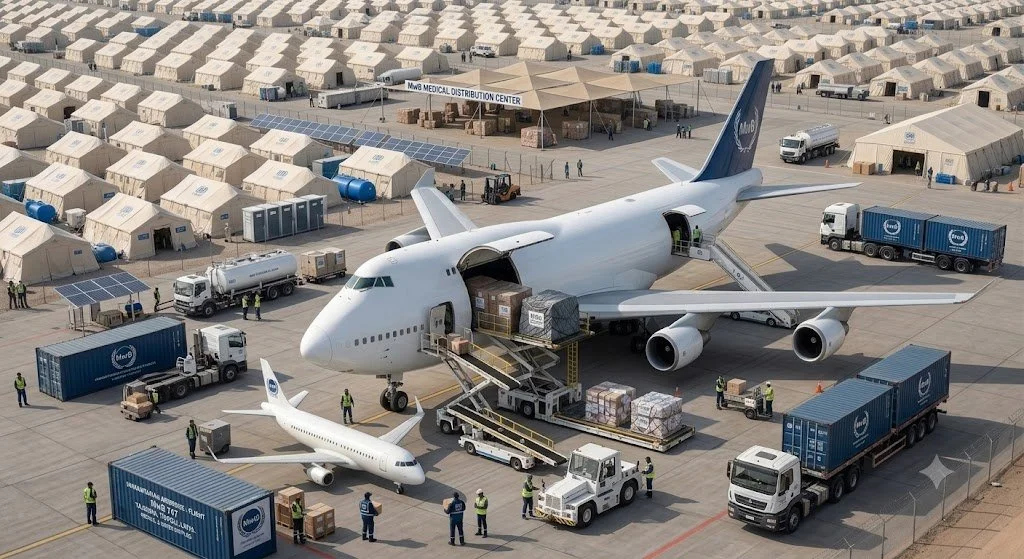 An airplane on the tarmac being loaded with cargo, with several ground crew members working nearby, and tents in the background at the MvB Medical Distribution Center.