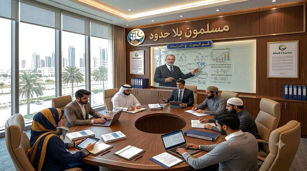 A business meeting with diverse professionals around a circular table in a modern conference room with large windows showing a cityscape and palm trees. A man at the front is standing and explaining notes on a whiteboard.