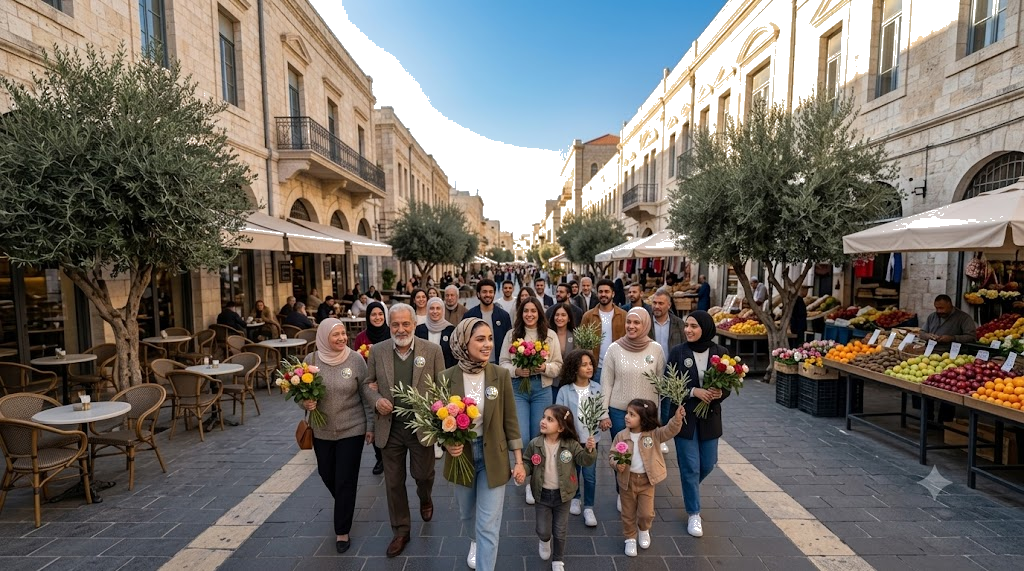 A group of diverse people, including children and adults, walking down a street with flower bouquets in hand, in a marketplace setting with fruit stalls on the right and outdoor seating on the left.