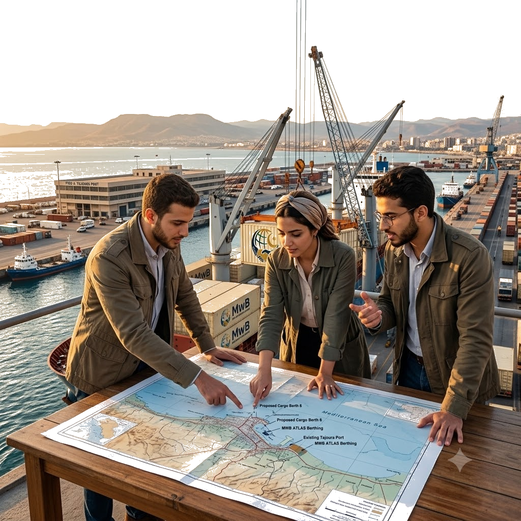 Three people with light skin and dark hair discussing a map at a port with cranes and ships, with hills in the background.