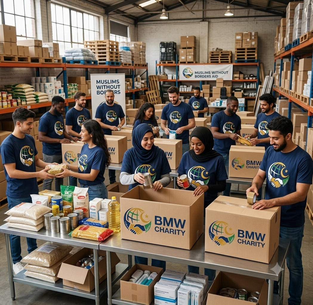 Group of volunteers packing food donations into boxes in a warehouse. Most are wearing matching BMW Charity t-shirts. Shelves filled with supplies and boxes are visible in the background.