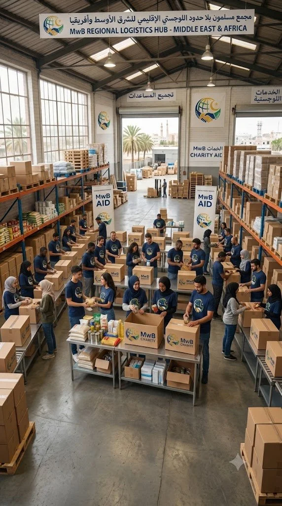 Volunteers packing supplies into boxes at a charity logistics center in a large warehouse, with shelves of supplies and a banner indicating it is part of MwB Regional Logistics Hub in the Middle East and Africa.