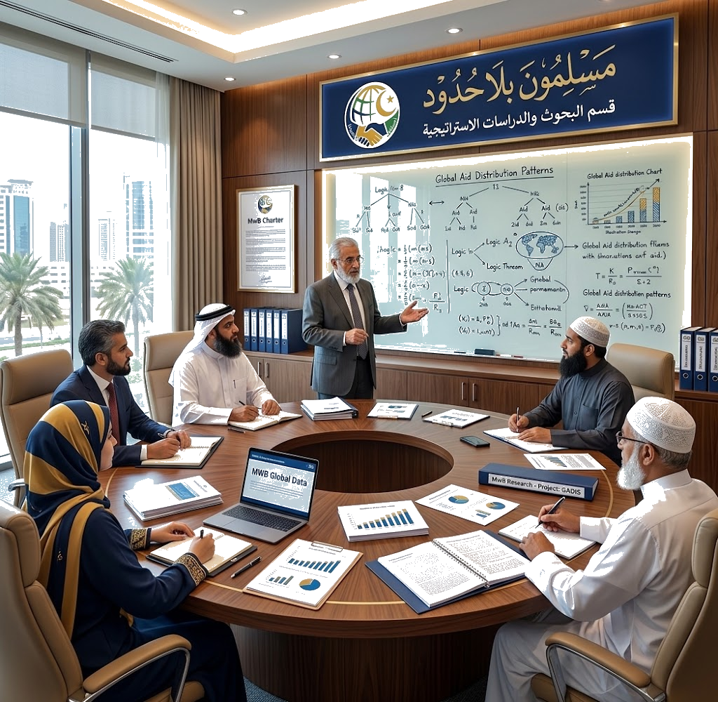 A business meeting in a modern conference room with six diverse professionals, including men wearing traditional Middle Eastern attire, seated around a large wooden table. A man in a suit is standing and presenting scientific charts and graphs on an illuminated digital whiteboard, with a cityscape visible through large windows in the background.