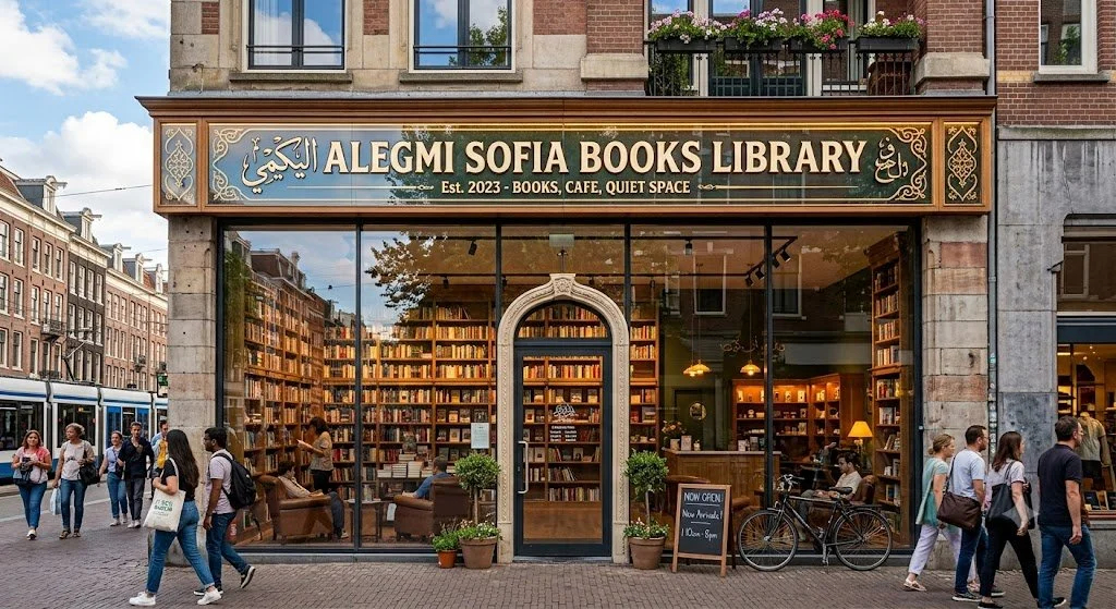 The storefront of Alegmi Sofia Books Library with large glass windows showing the interior filled with bookshelves and people inside. The exterior has a sign with the library's name, some potted plants, a bicycle, and a crowd of pedestrians walking past.