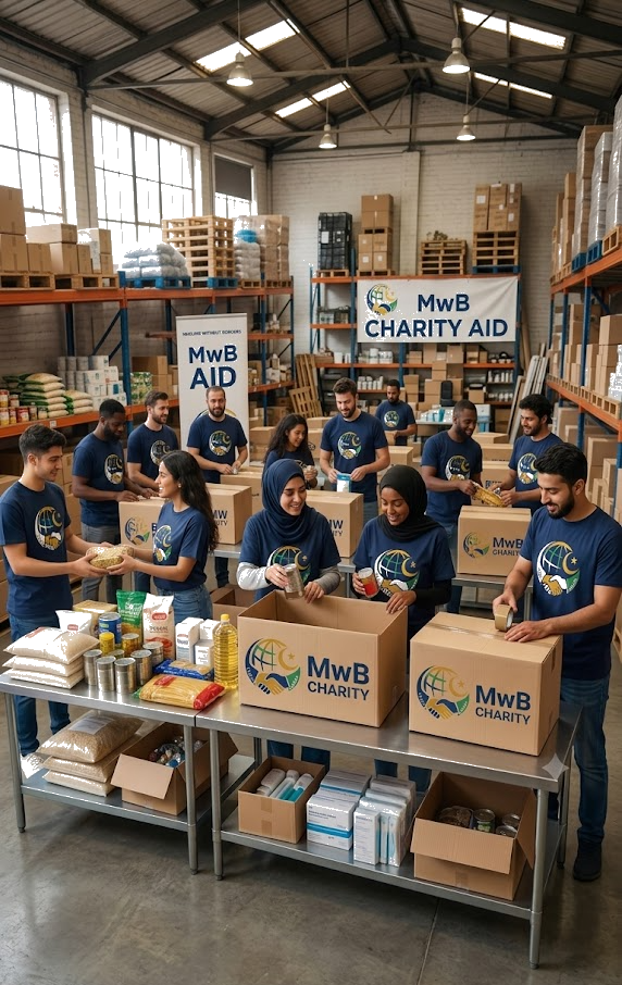A group of volunteers packing aid supplies in a warehouse for MwB Charity, with shelves of supplies and large signs in the background.