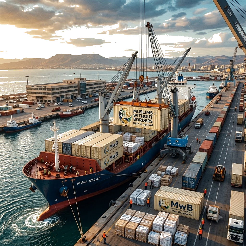 A cargo ship docked at a busy port with containers on board and on the dock, and workers walking nearby. The ship has a sign that reads "Muslims Without Borders" and the port is situated along a body of water with mountains in the background.