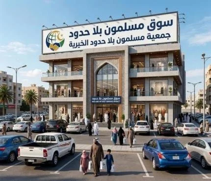 A three-story building with a parking lot in front, with many cars and people walking. The building has a large banner with Arabic text and a logo, indicating it is a marketplace or shop for Muslim communities in Palestine.