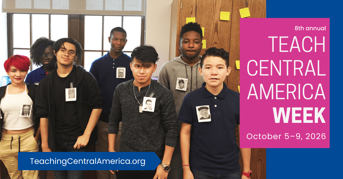 A diverse group of seven students standing together indoors, each wearing a photo ID around their necks, promotional poster for the 8th annual Teach Central America Week, October 5-9, 2026.