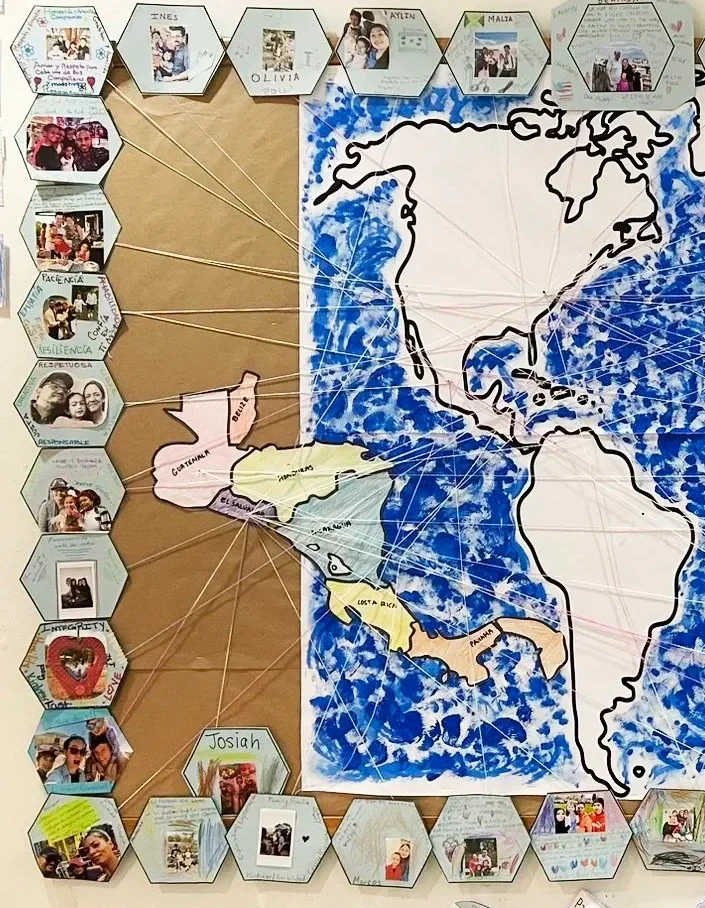 A world map with lines connecting different countries to photos and names of people, symbolizing a friendship or family connection across nations.