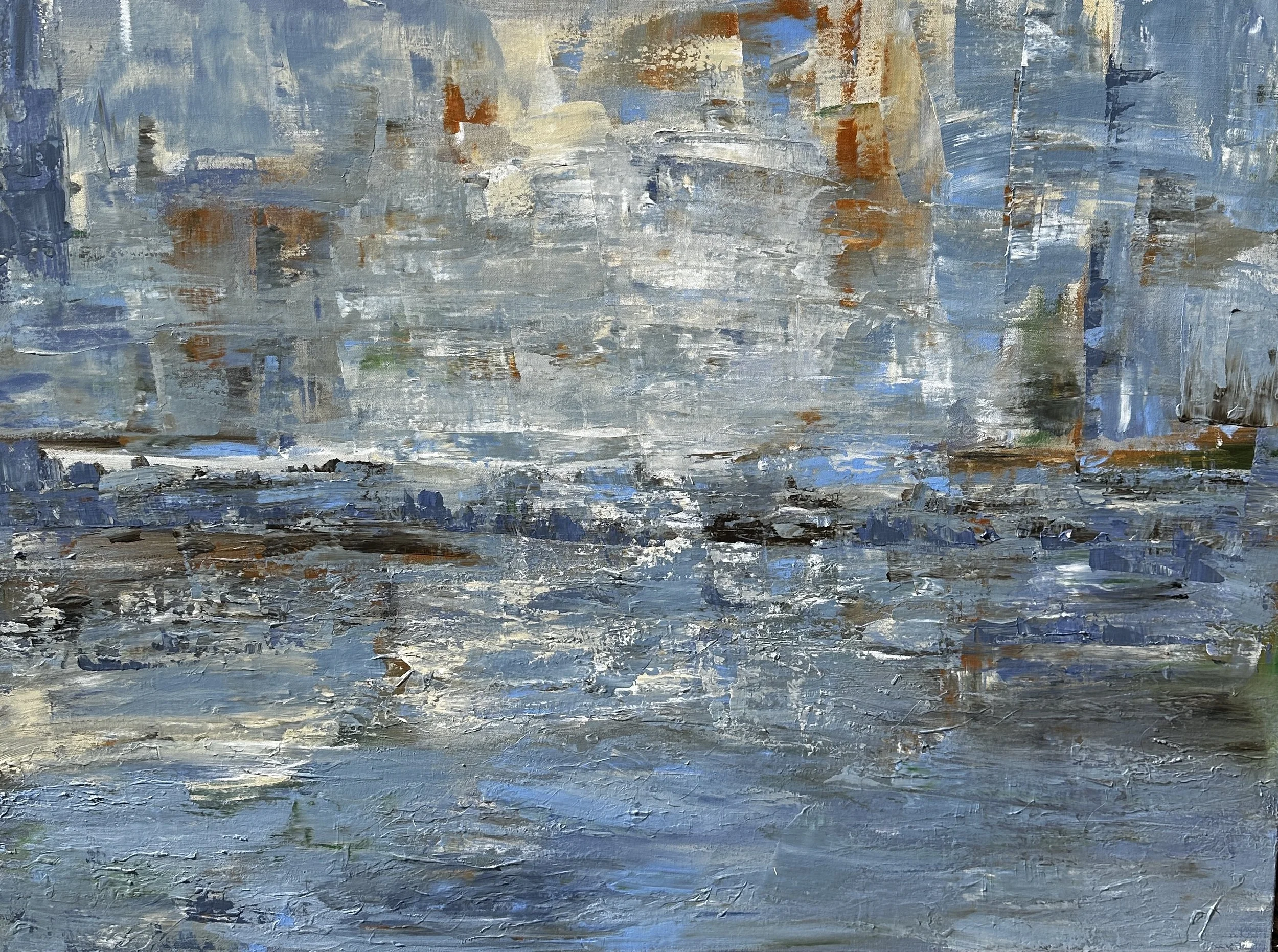 Abstract painting with brush strokes in blue, gray, brown, and beige tones.