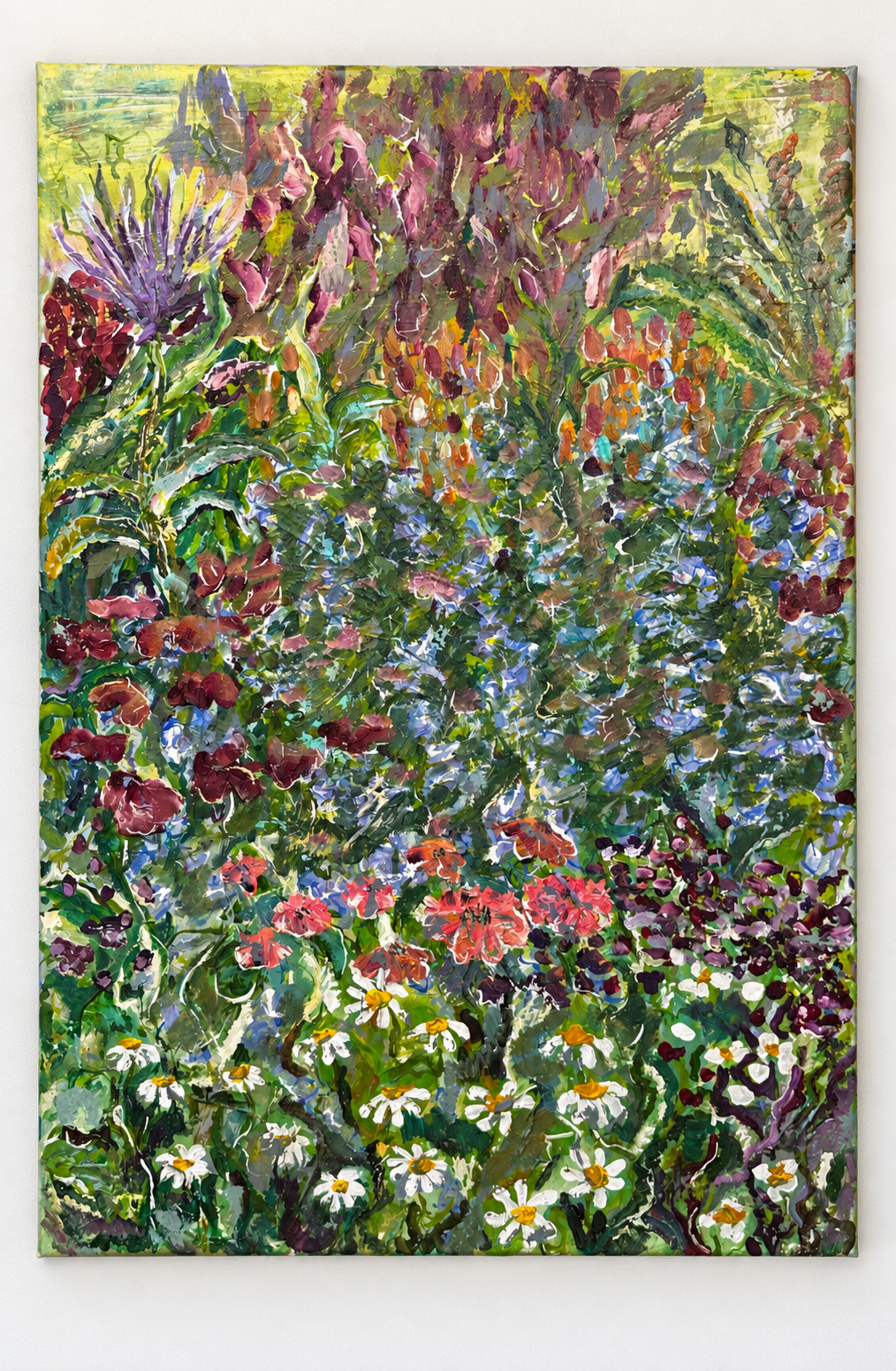 Colorful impressionist-style painting of a vibrant garden with various flowers, including daisies, irises, and other blooming plants.