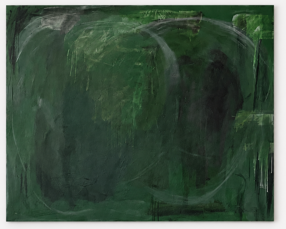 An abstract painting with dark green, black, and hints of white, featuring swirling and textured brushstrokes.