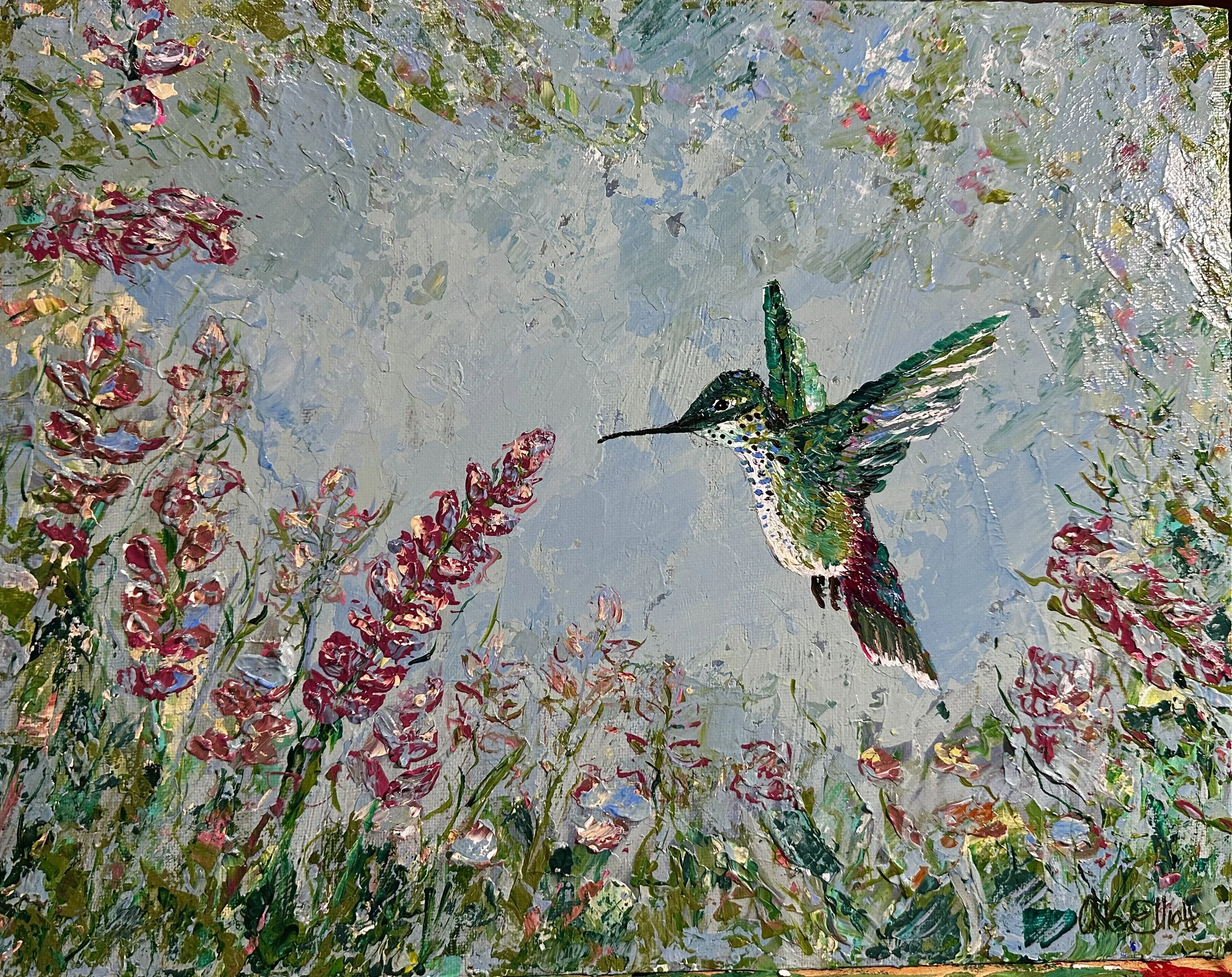 An impressionist-style painting of a hummingbird flying amidst pink and white flowers with green foliage and a grayish background.