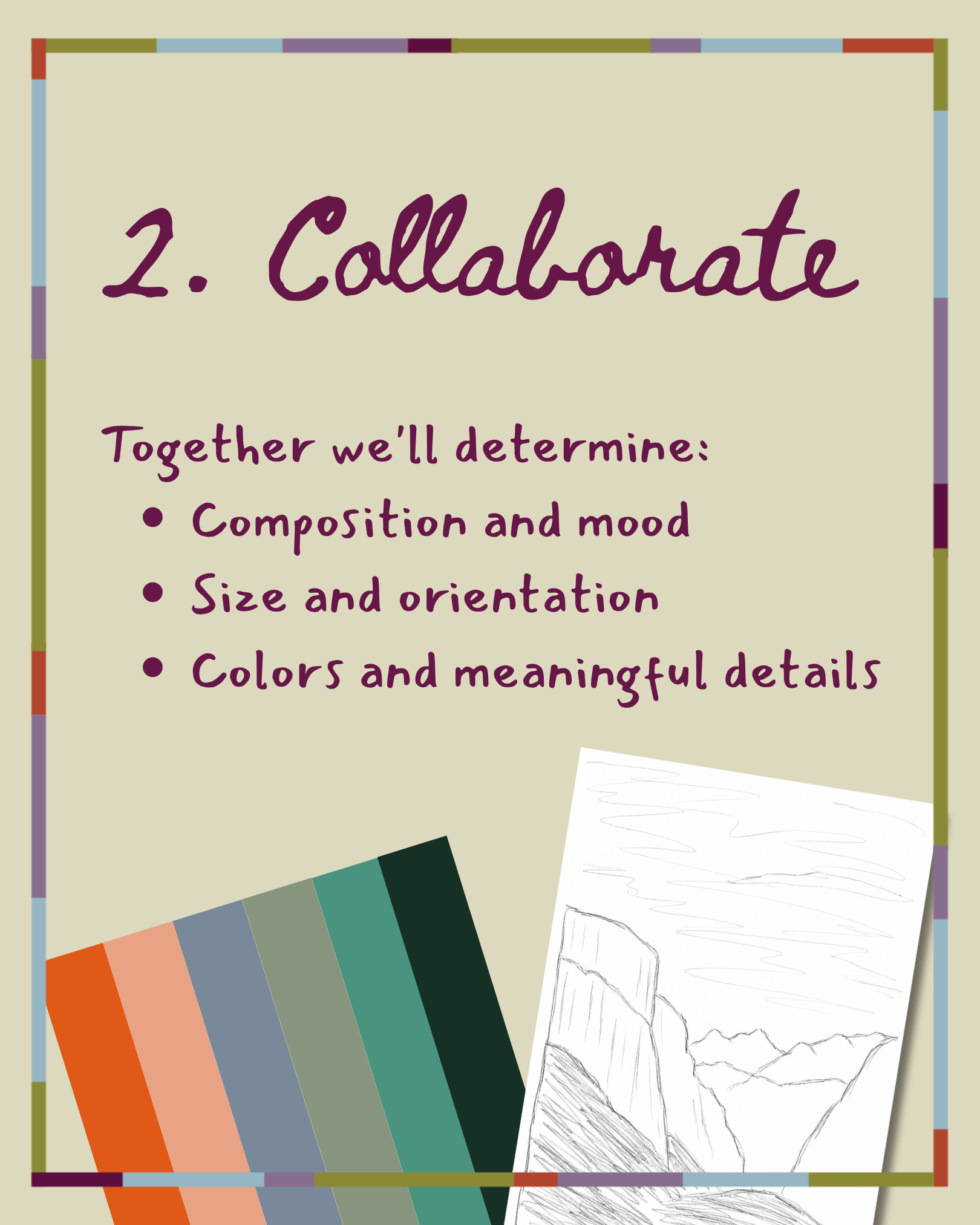 Step 2 in a presentation about art project planning, with a colorful border and a color palette.
