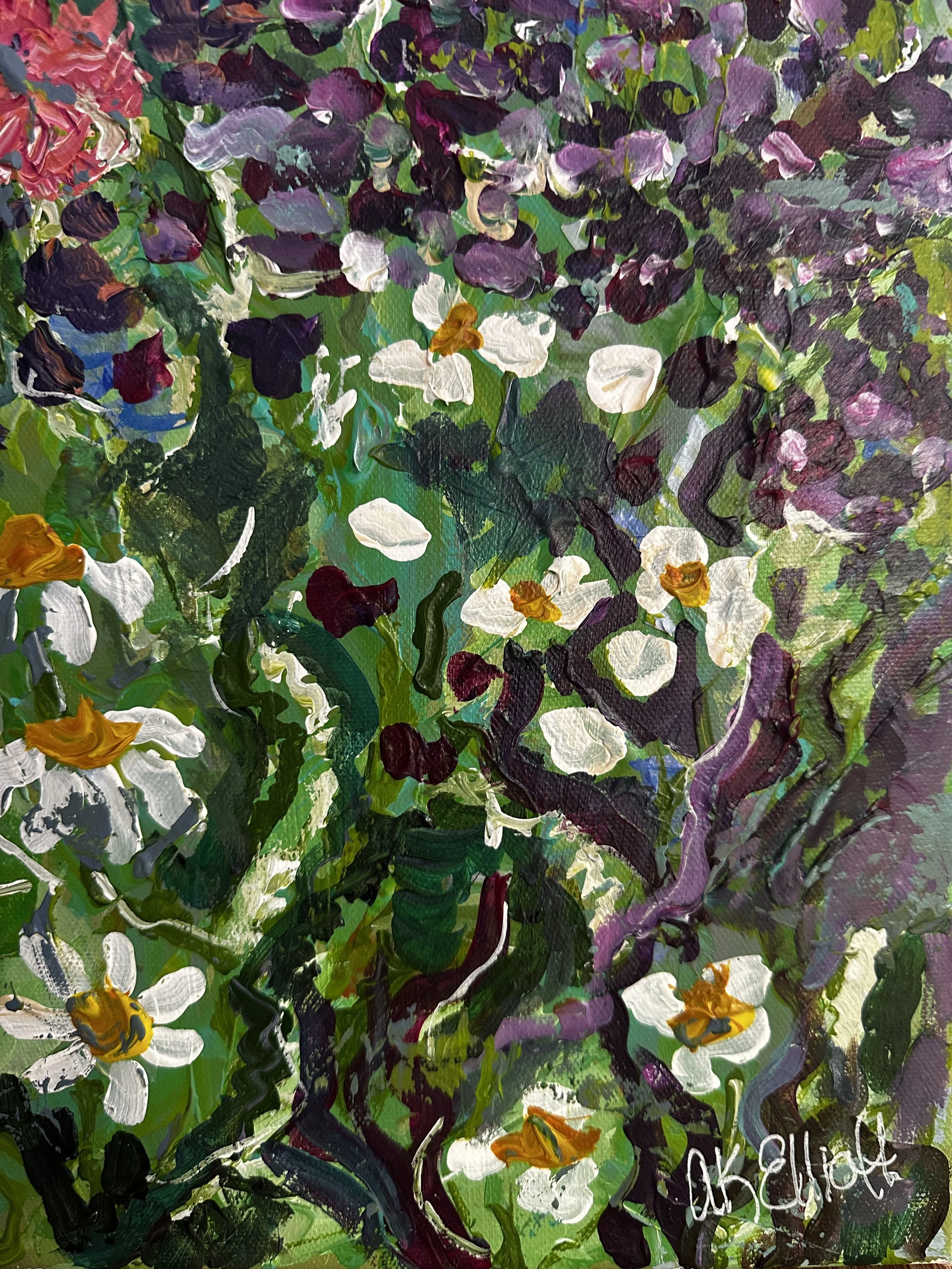 Abstract painting of flowers with purple, white, yellow, and green colors, featuring thick, textured brushstrokes.