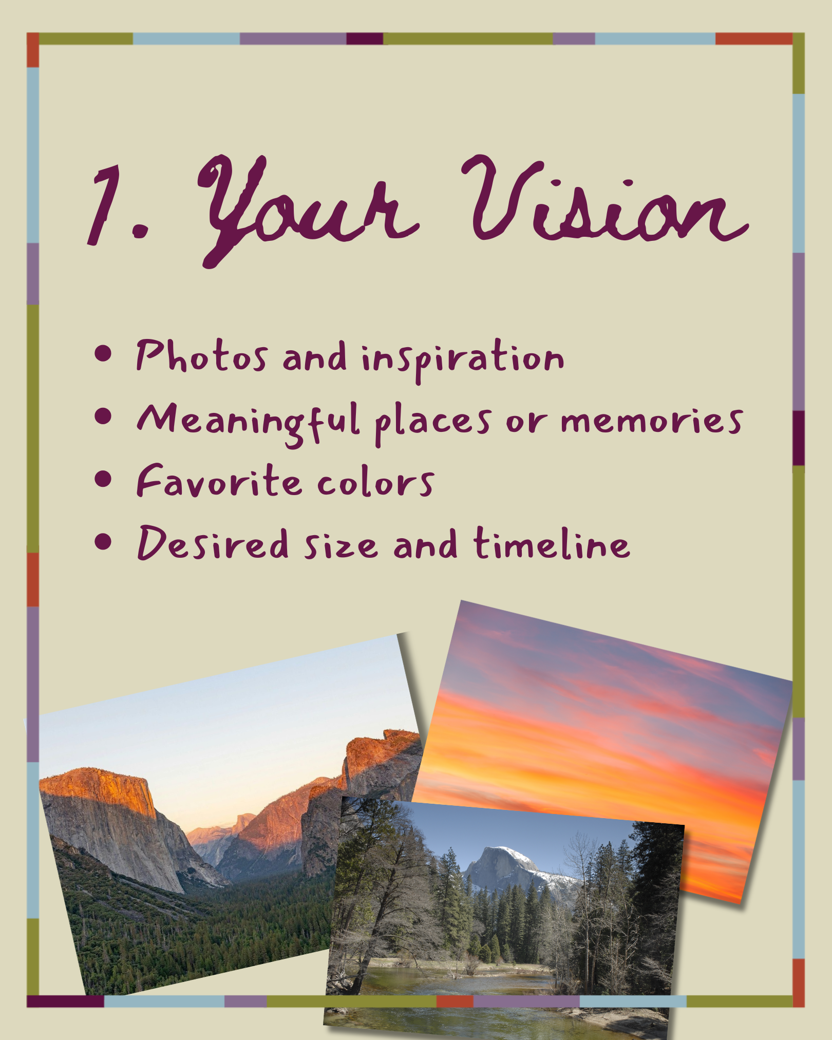 Multiple photographs of mountain landscapes, including rocky formations, forests, and a snow-capped peak, are layered over a beige background with a multicolored border.