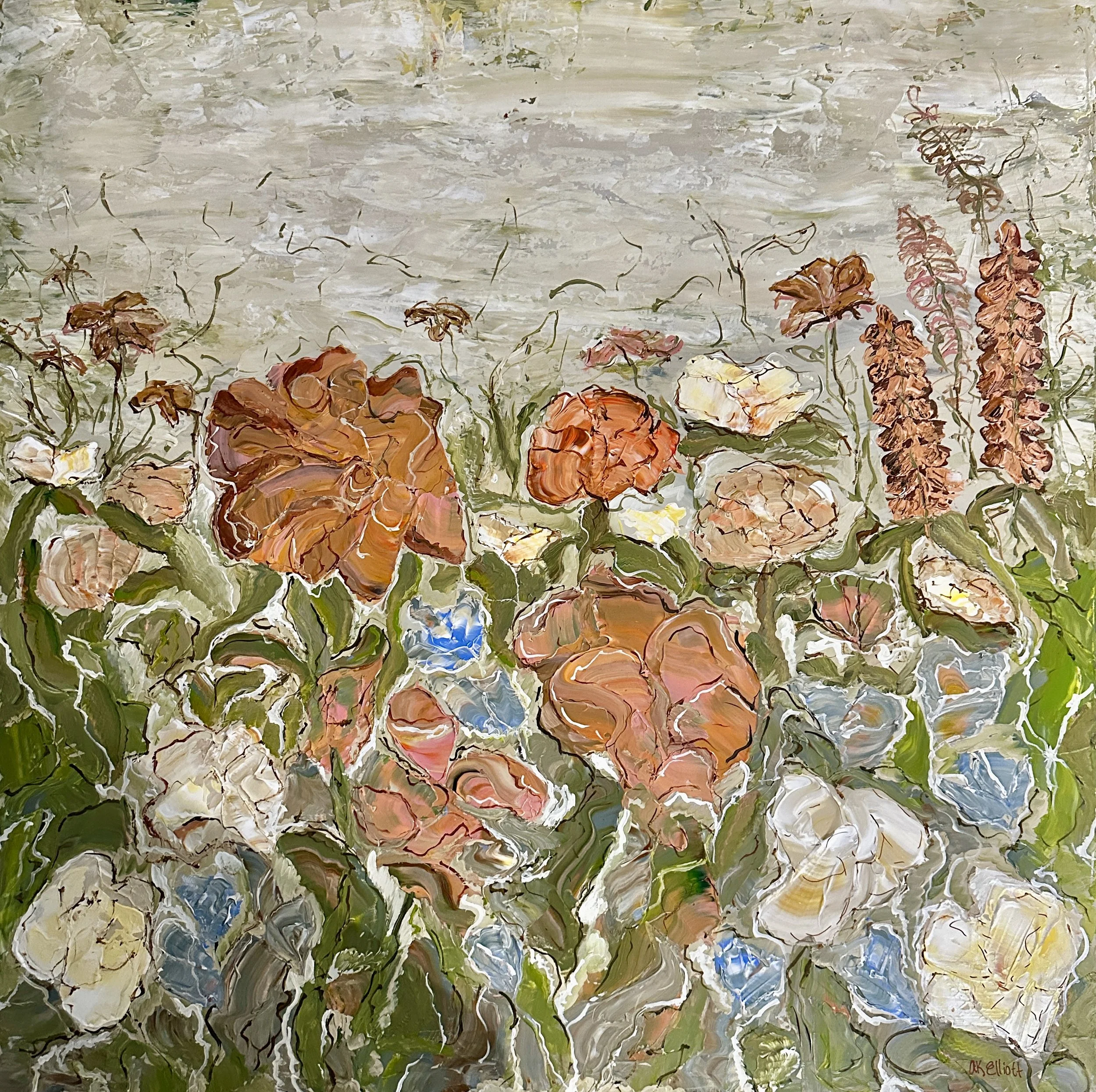 An abstract painting with layered brushstrokes featuring earthy tones like brown, beige, green, and hints of blue and yellow, painted in a style that emphasizes texture and movement, with the artist's signature in red at the bottom right corner.