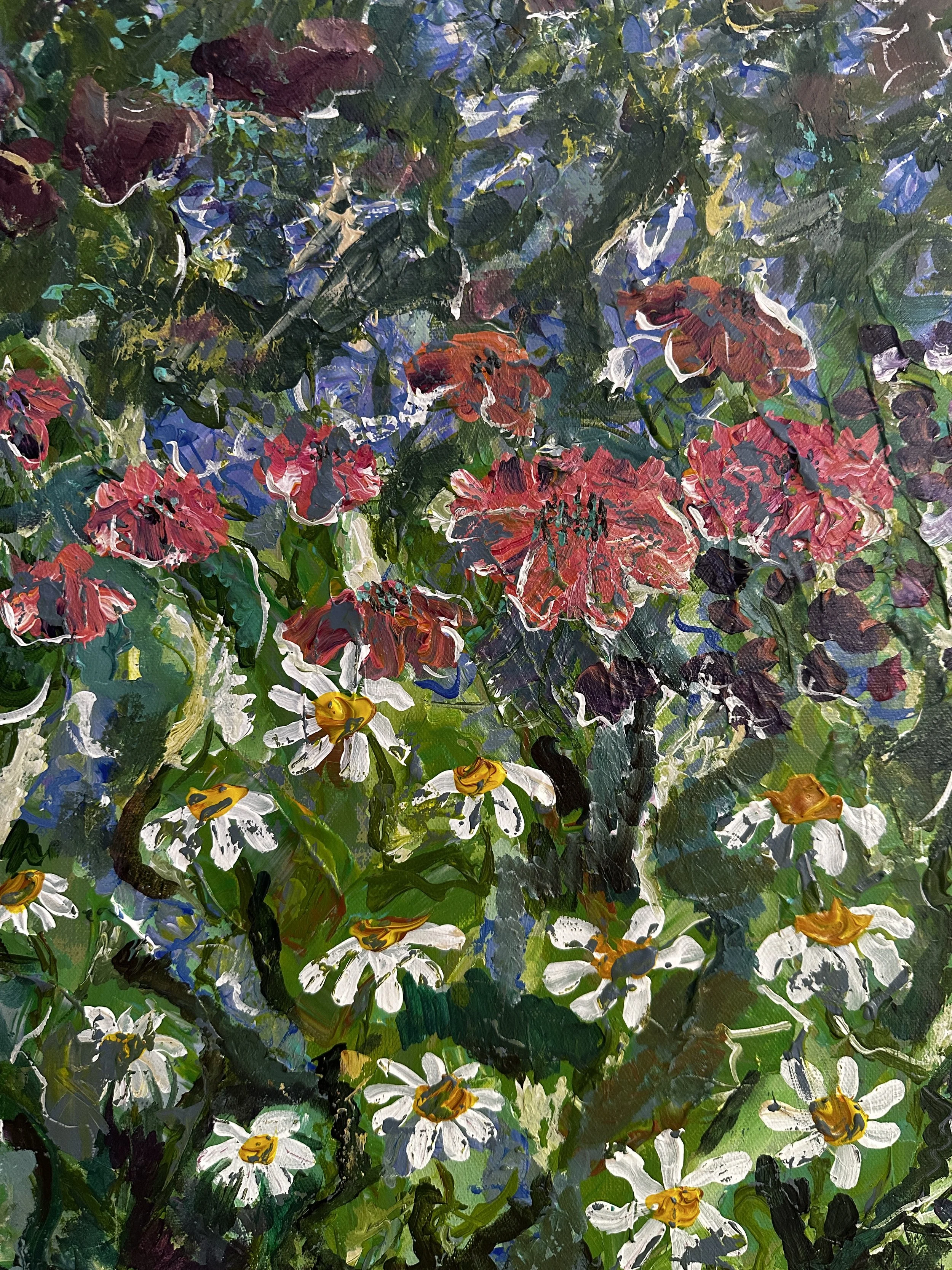 Abstract impressionist painting of a lush garden with colorful flowers and dense green foliage, featuring white, red, yellow, and purple blooms.