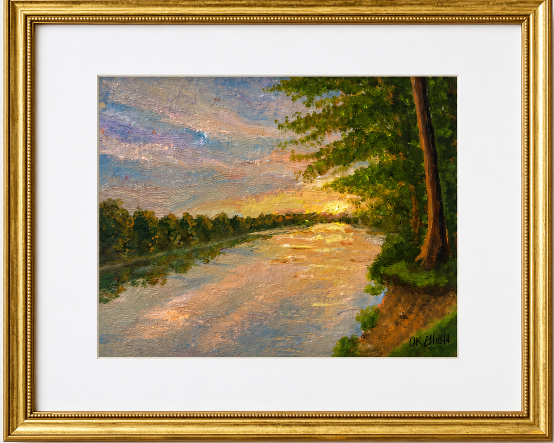 Oil painting of a sunset over a river, with trees on the right bank and a partly cloudy sky.