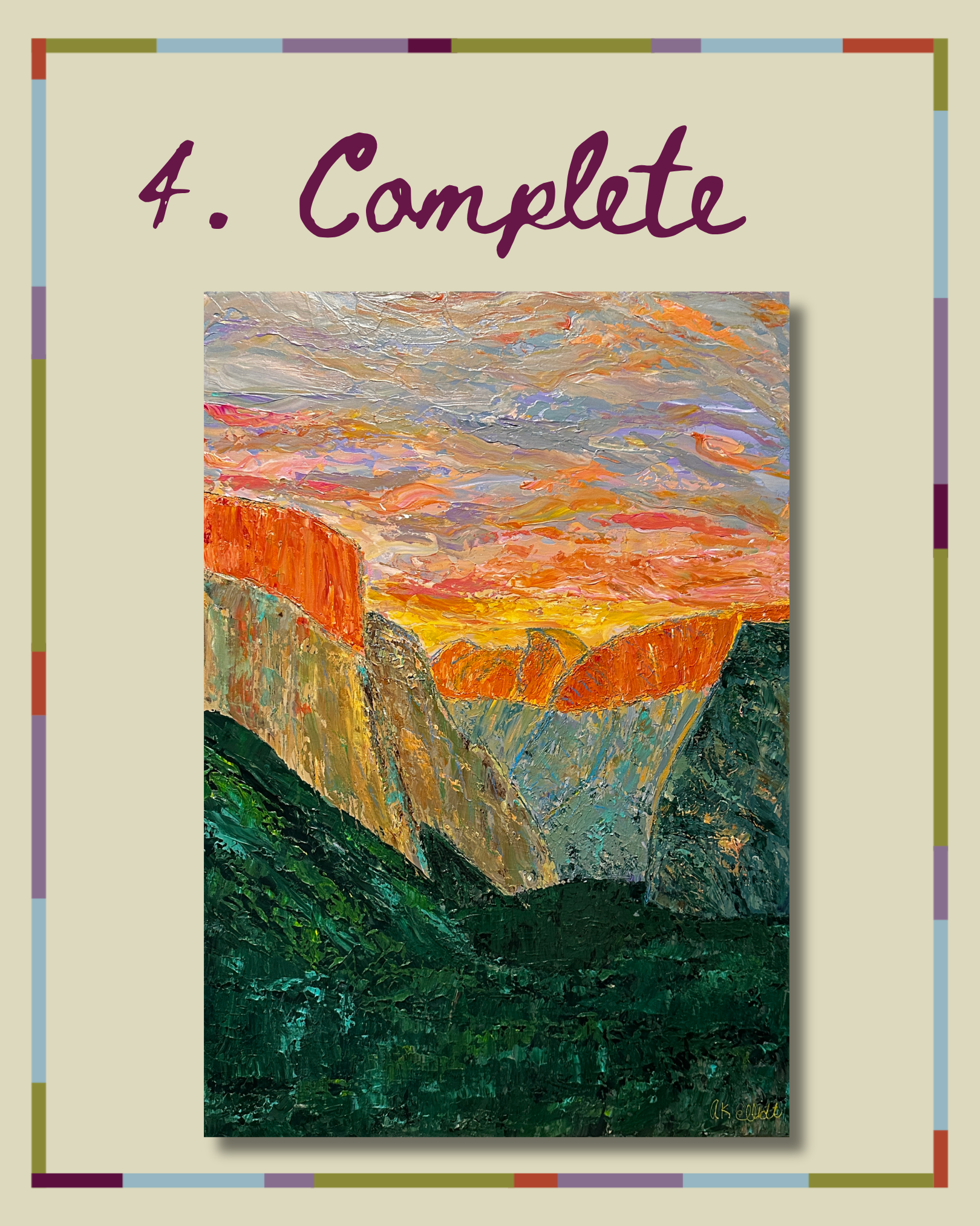A painting of a waterfront scene at sunset with vibrant orange, pink, purple, and yellow colors, in an impressionist style. The scene includes a rocky coastline and a colorful sky.
