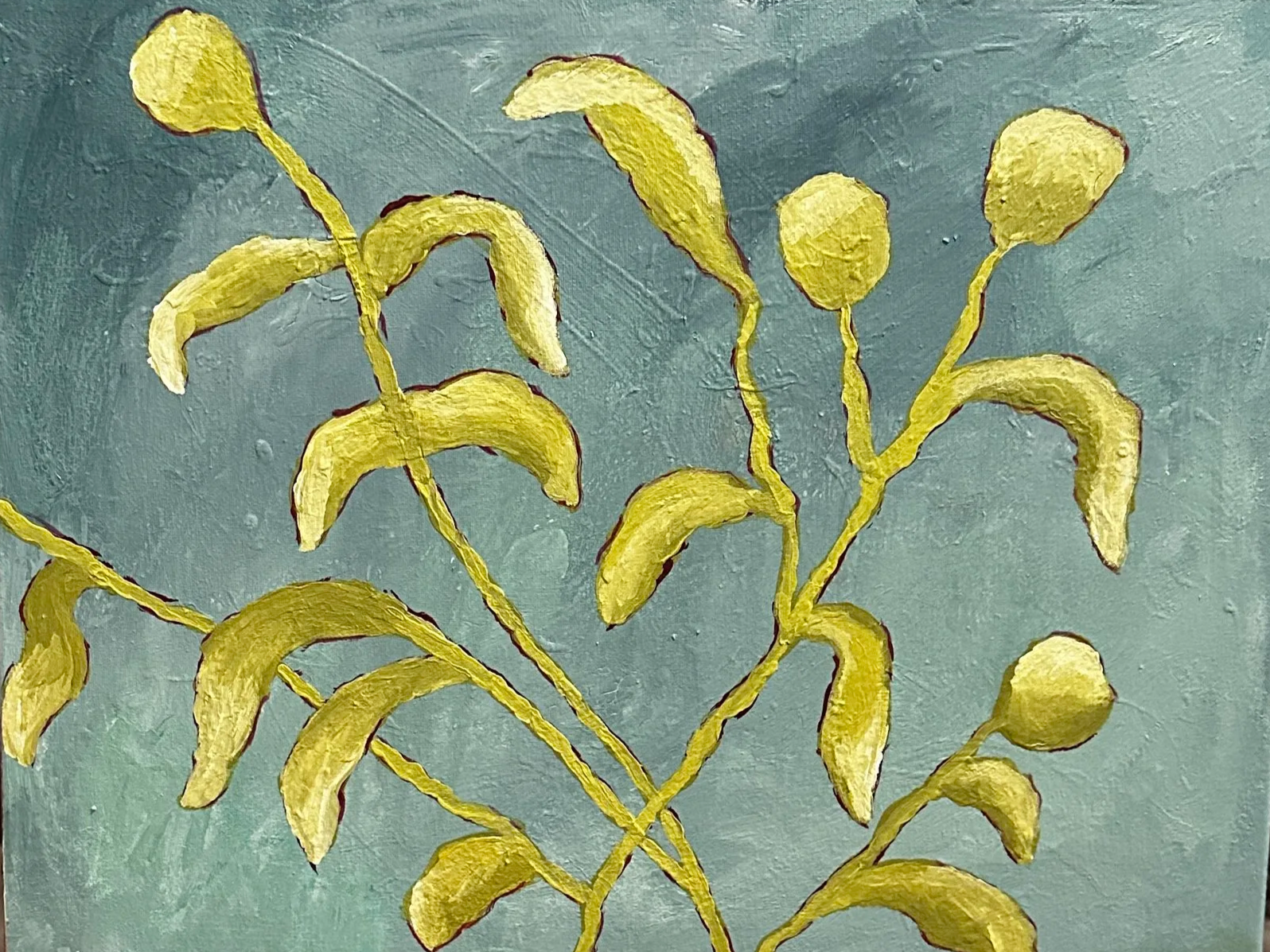 A painting of yellow buds and leaves on teal background.