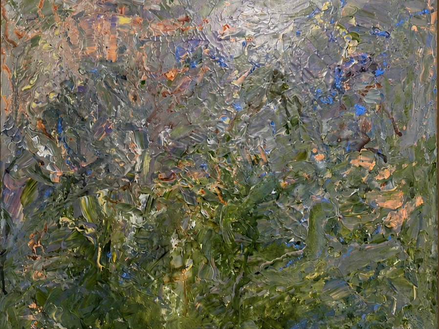 An abstract painting of dense green foliage with hints of blue, brown, and gray, created with textured, swirling brushstrokes.