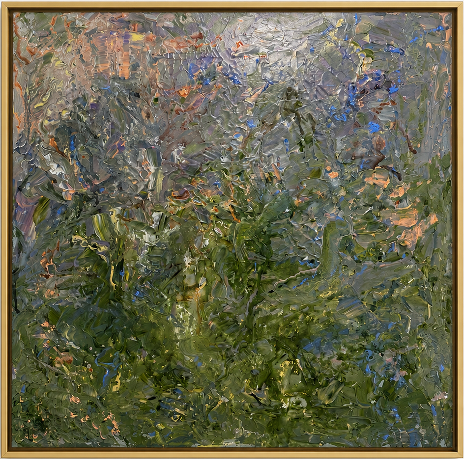 Abstract impressionist painting of dense green foliage with hints of blue, purple, and brown, framed in gold
