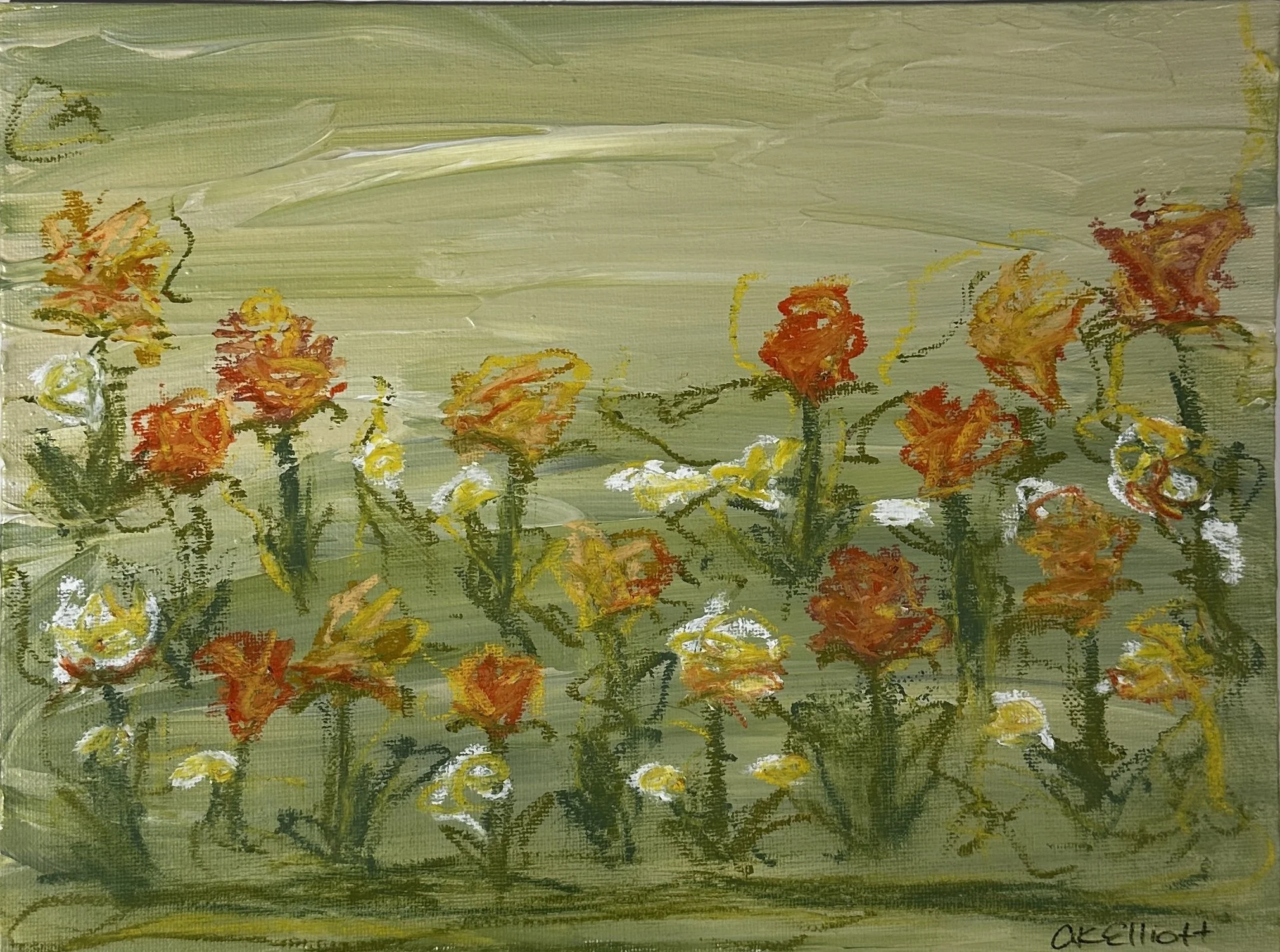 Abstract painting with green background and colorful orange, yellow, and white floral-like shapes at the bottom.