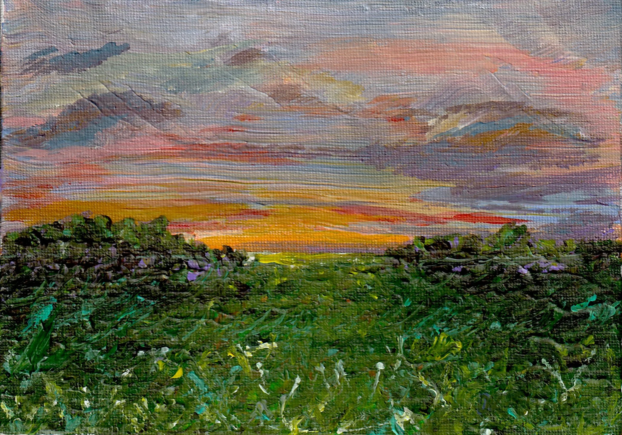 A colorful impressionist-style landscape painting of a sunset or sunrise over mountains, with a vibrant sky filled with pastel hues, and a foreground of green foliage.
