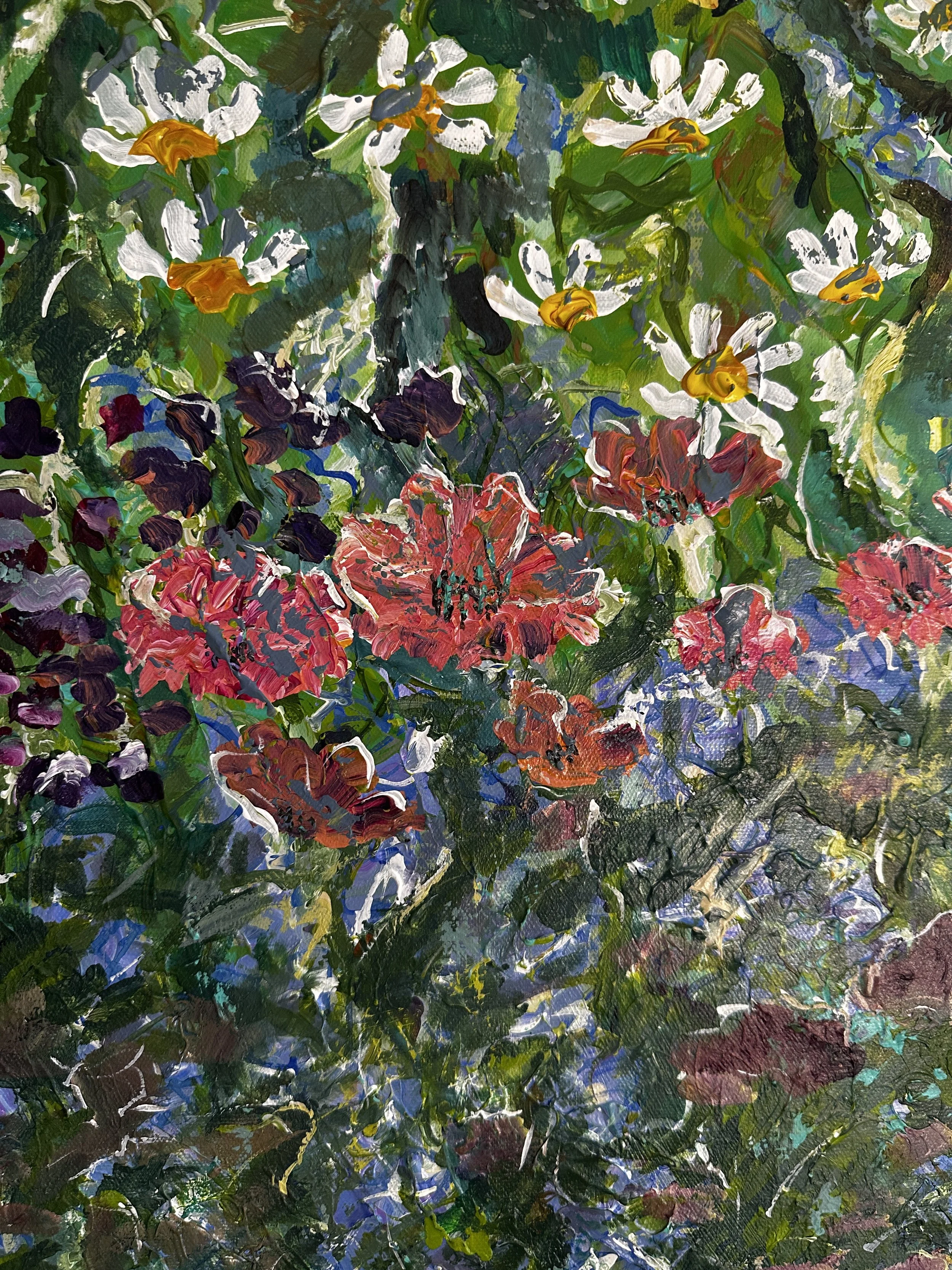 Abstract impressionist painting of a garden with white, yellow, red, purple flowers, and green foliage painted with bold, textured brushstrokes.