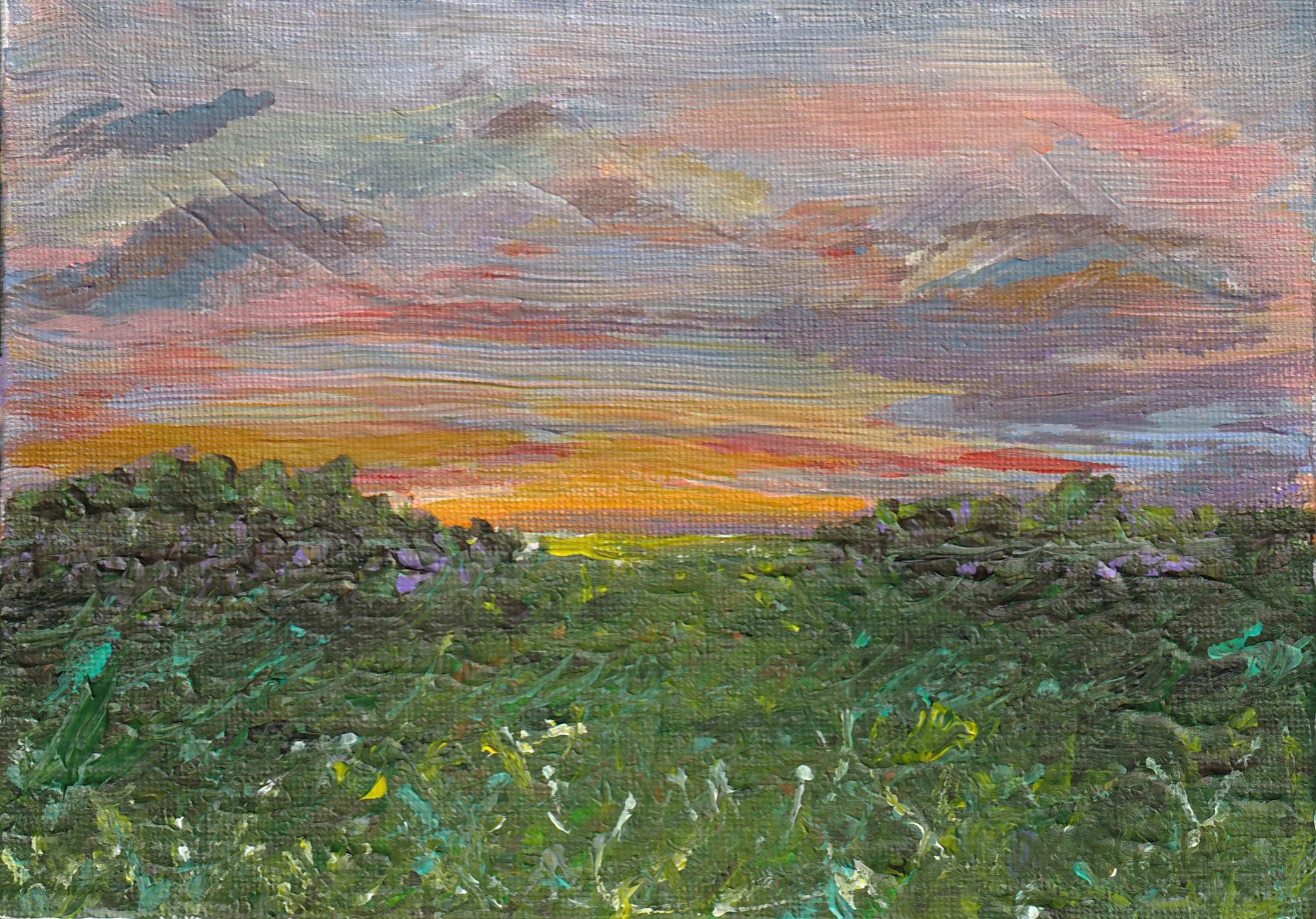 A colorful landscape painting depicting a sunset over mountains and fields.